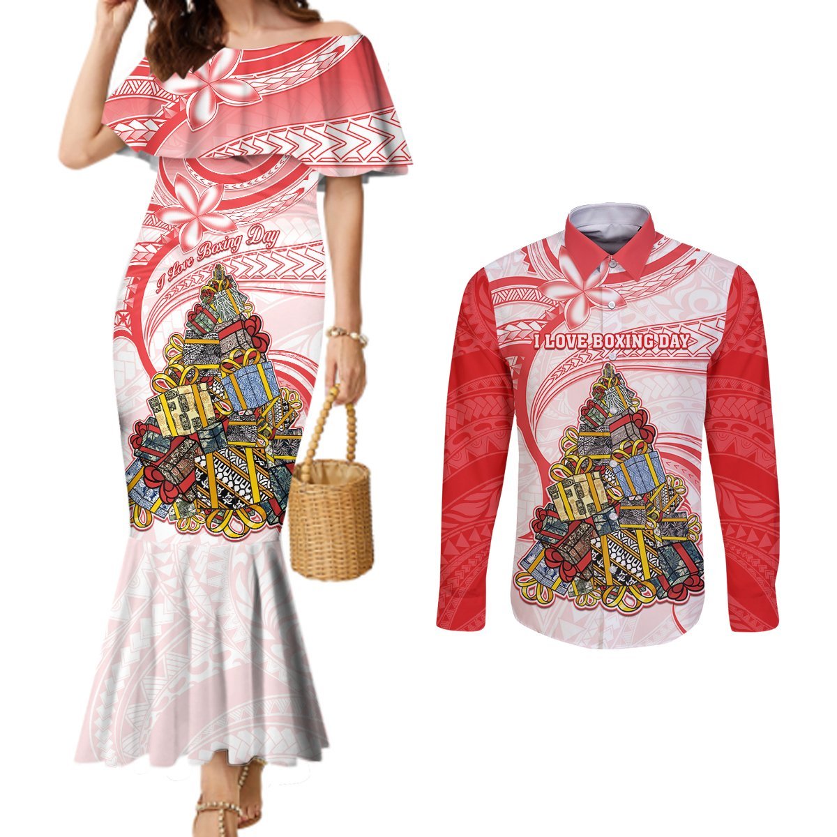 Personalized Happy Boxing Day Couples Matching Mermaid Dress and Long Sleeve Button Shirts Polynesian Gift Boxes Christmas Tree LT05 Red - Polynesian Pride