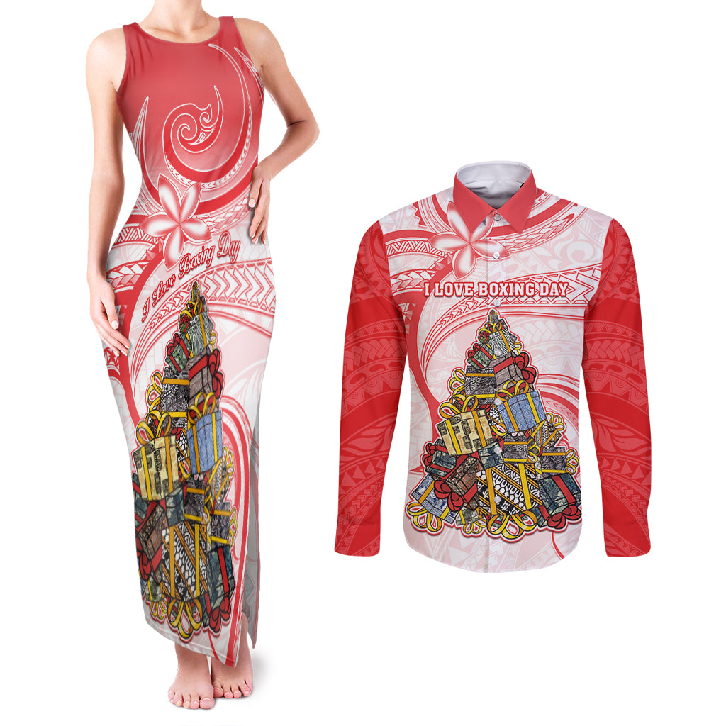 Personalized Happy Boxing Day Couples Matching Tank Maxi Dress and Long Sleeve Button Shirts Polynesian Gift Boxes Christmas Tree LT05 Red - Polynesian Pride