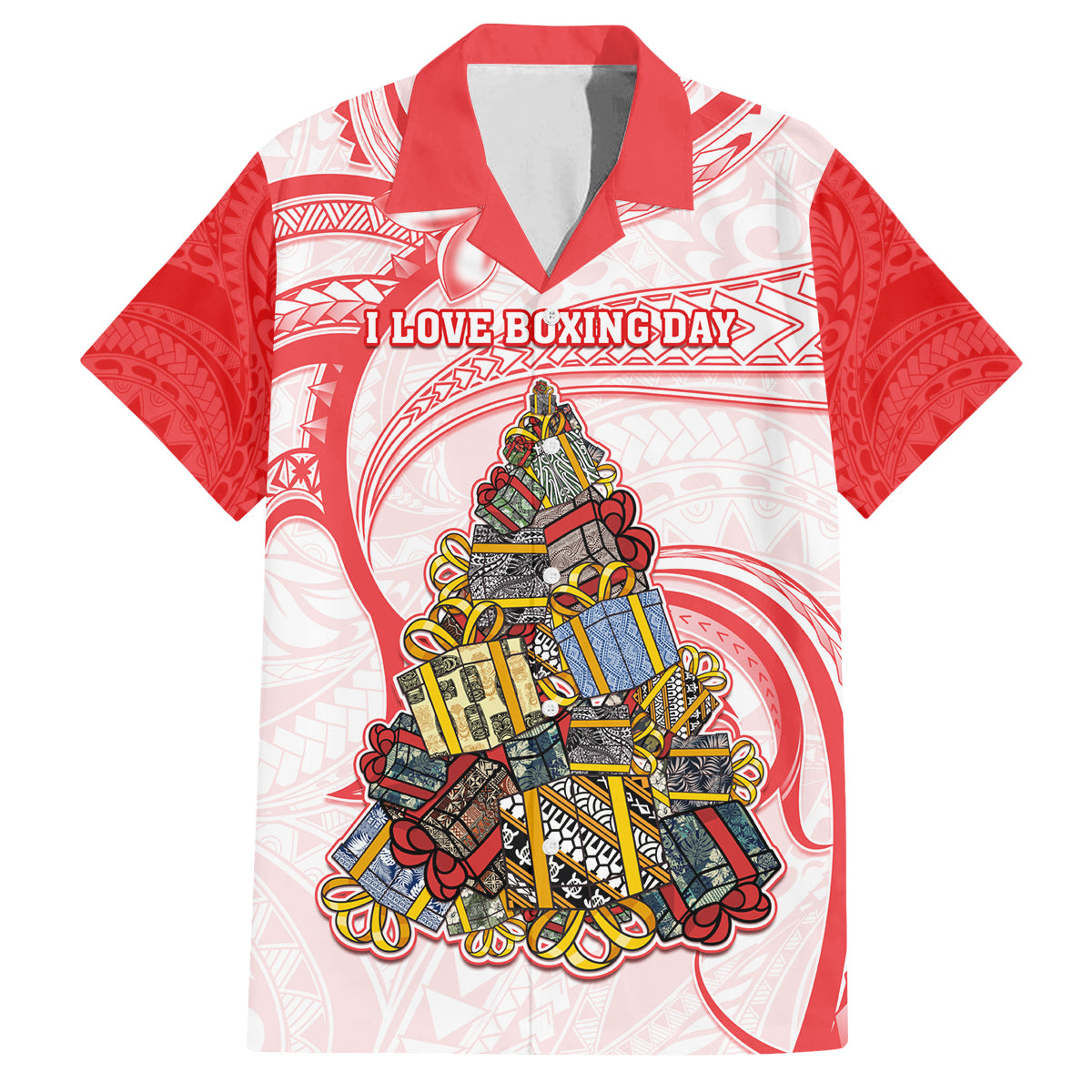 Personalized Happy Boxing Day Family Matching Off Shoulder Short Dress and Hawaiian Shirt Polynesian Gift Boxes Christmas Tree LT05 Dad's Shirt - Short Sleeve Red - Polynesian Pride