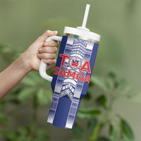Custom Rugby Toa Samoa Tumbler With Handle Samoan Tatau Blue Version LT05 - Polynesian Pride