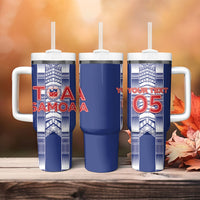 Custom Rugby Toa Samoa Tumbler With Handle Samoan Tatau Blue Version LT05 - Polynesian Pride
