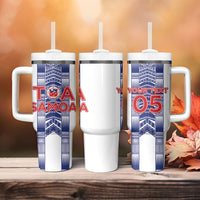 Custom Rugby Toa Samoa Tumbler With Handle Samoan Tatau White Version LT05 - Polynesian Pride