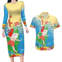 Christmas In Hawaii Couples Matching Long Sleeve Bodycon Dress and Hawaiian Shirt Tis The Sea Sun LT05 Blue - Polynesian Pride