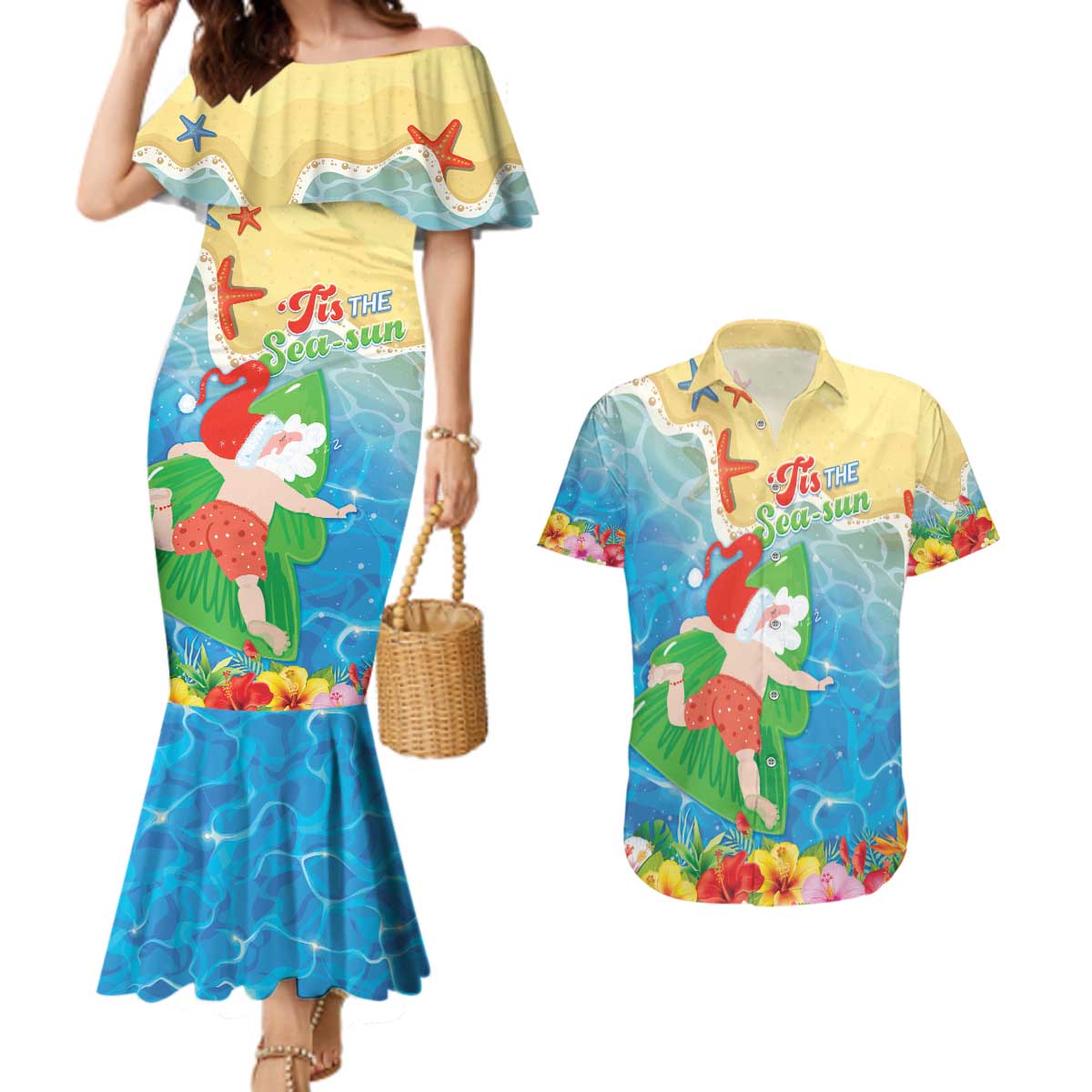 Christmas In Hawaii Couples Matching Mermaid Dress and Hawaiian Shirt Tis The Sea Sun LT05 Blue - Polynesian Pride
