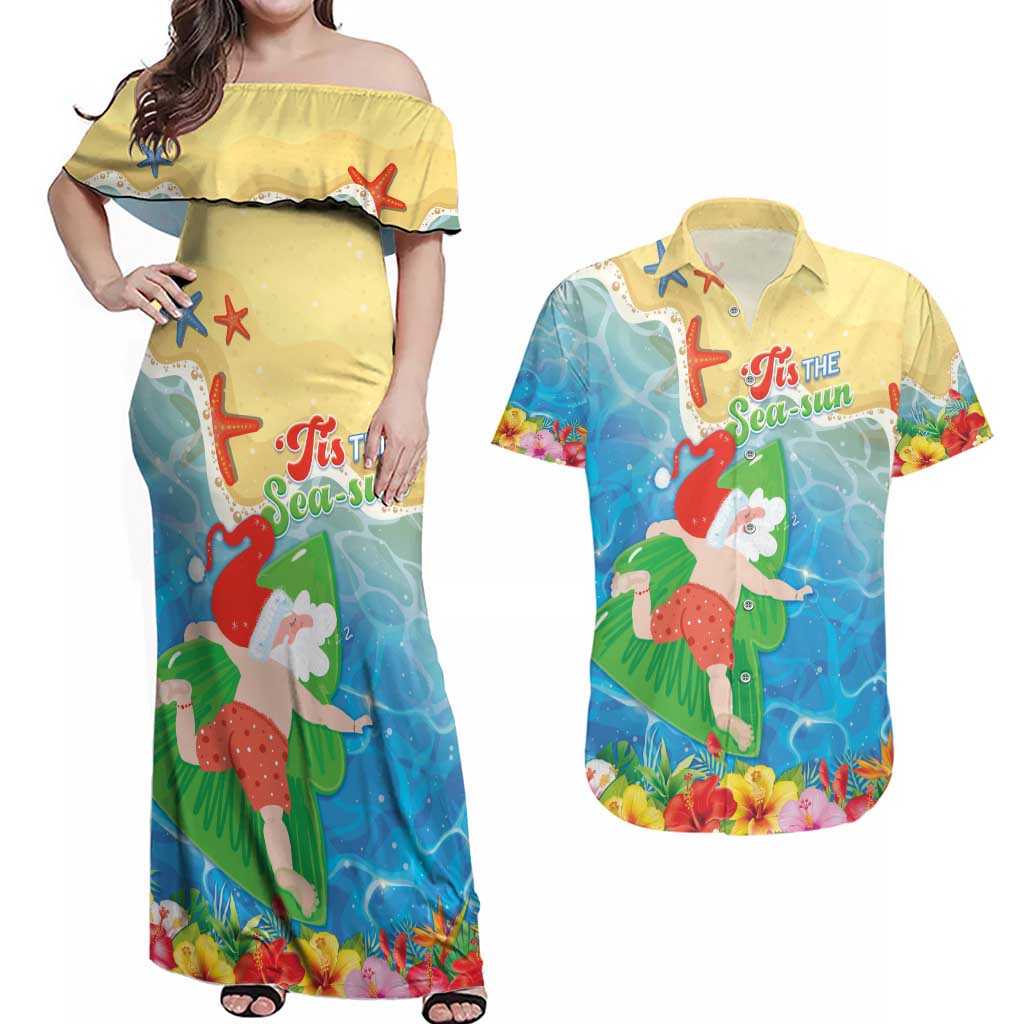 Christmas In Hawaii Couples Matching Off Shoulder Maxi Dress and Hawaiian Shirt Tis The Sea Sun LT05 Blue - Polynesian Pride