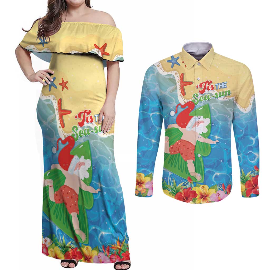 Christmas In Hawaii Couples Matching Off Shoulder Maxi Dress and Long Sleeve Button Shirt Tis The Sea Sun LT05 Blue - Polynesian Pride