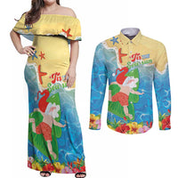 Christmas In Hawaii Couples Matching Off Shoulder Maxi Dress and Long Sleeve Button Shirt Tis The Sea Sun LT05 Blue - Polynesian Pride