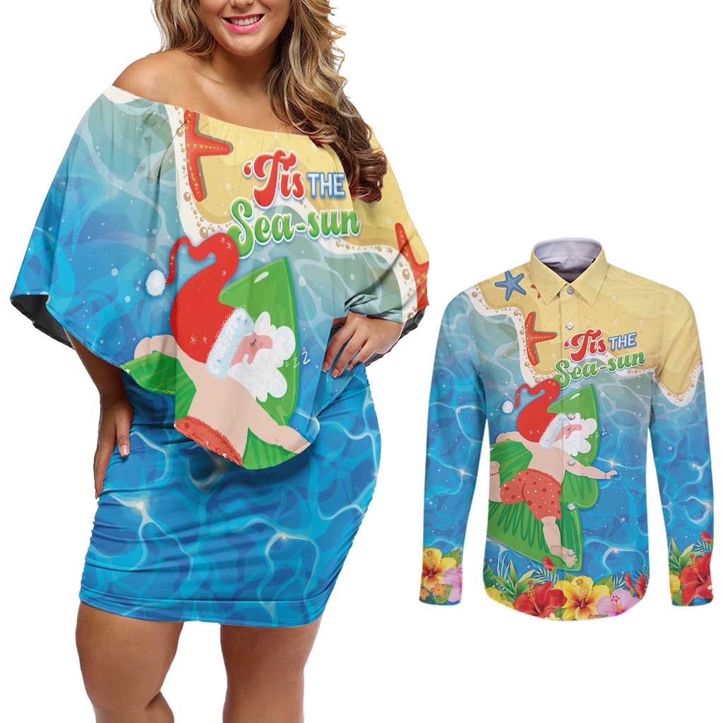 Christmas In Hawaii Couples Matching Off Shoulder Short Dress and Long Sleeve Button Shirt Tis The Sea Sun LT05 Blue - Polynesian Pride