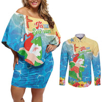 Christmas In Hawaii Couples Matching Off Shoulder Short Dress and Long Sleeve Button Shirt Tis The Sea Sun LT05 Blue - Polynesian Pride
