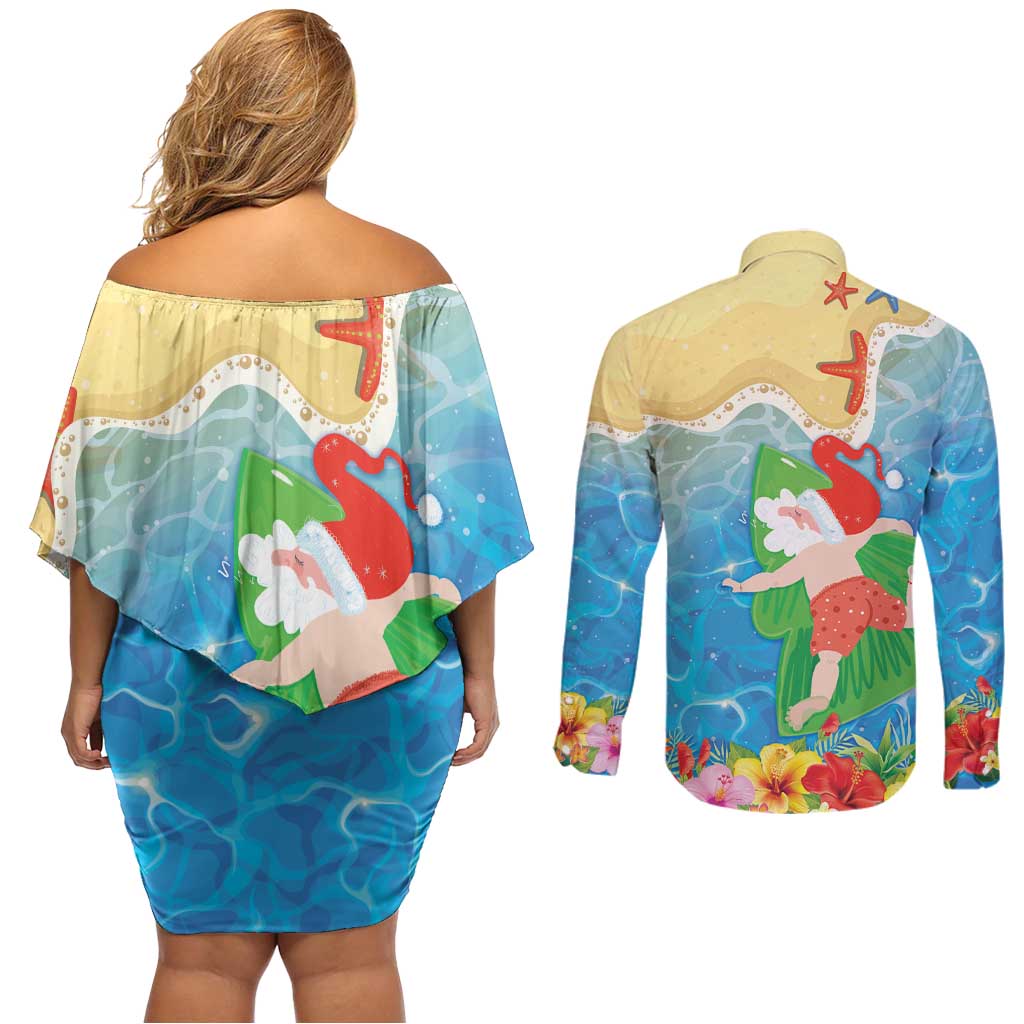 Christmas In Hawaii Couples Matching Off Shoulder Short Dress and Long Sleeve Button Shirt Tis The Sea Sun LT05 - Polynesian Pride
