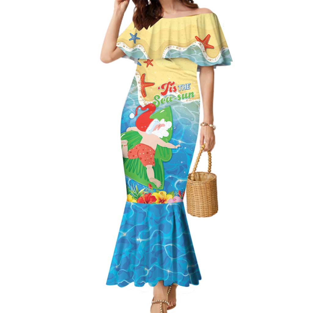 Christmas In Hawaii Family Matching Mermaid Dress and Hawaiian Shirt Tis The Sea Sun LT05 Mom's Dress Blue - Polynesian Pride