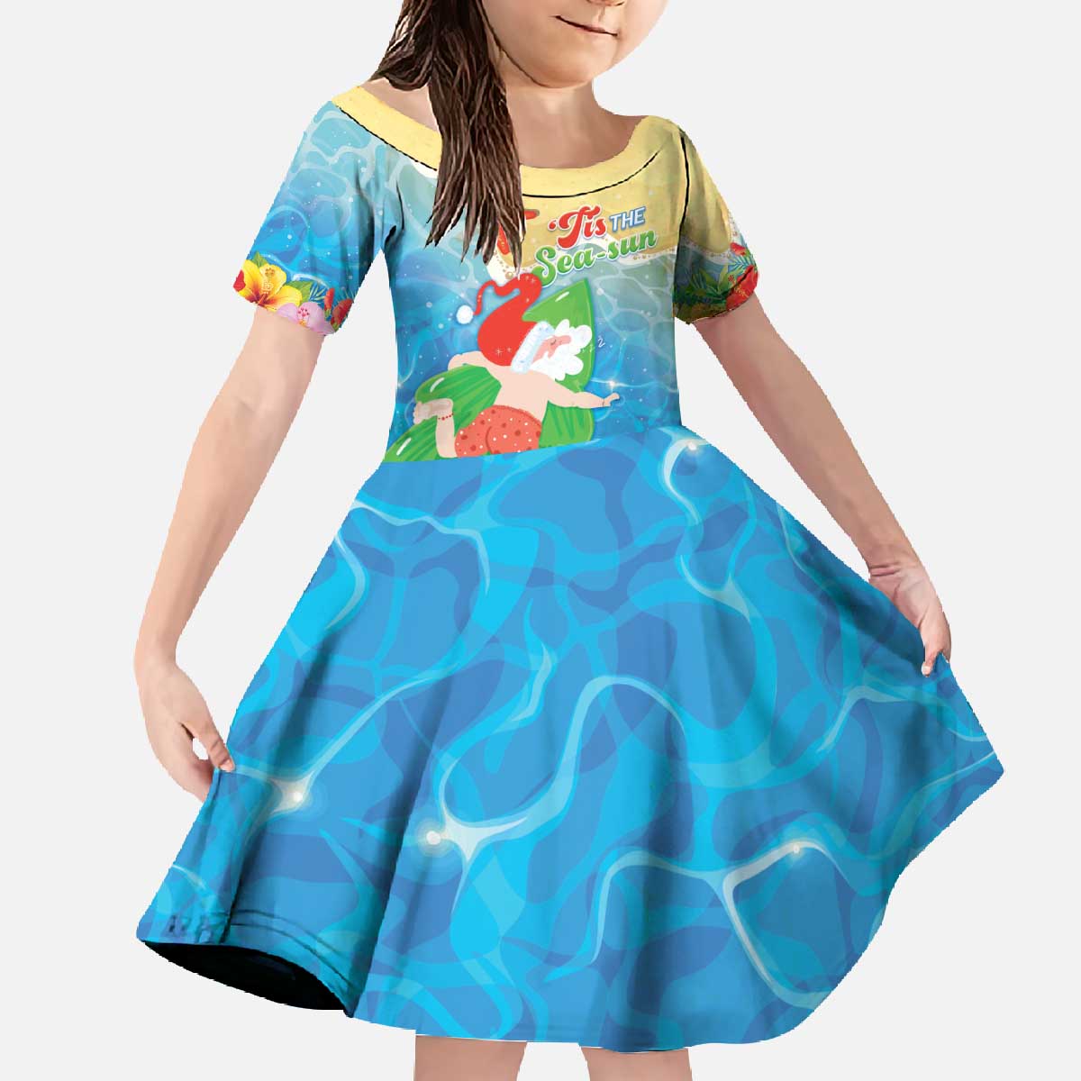 Christmas In Hawaii Family Matching Off The Shoulder Long Sleeve Dress and Hawaiian Shirt Tis The Sea Sun LT05 Daughter's Dress Blue - Polynesian Pride