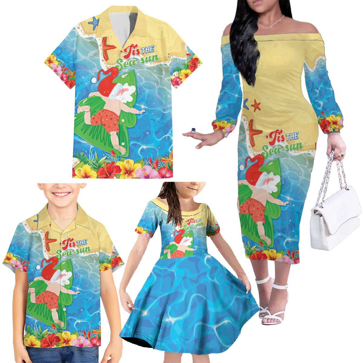 Christmas In Hawaii Family Matching Off The Shoulder Long Sleeve Dress and Hawaiian Shirt Tis The Sea Sun LT05 - Polynesian Pride