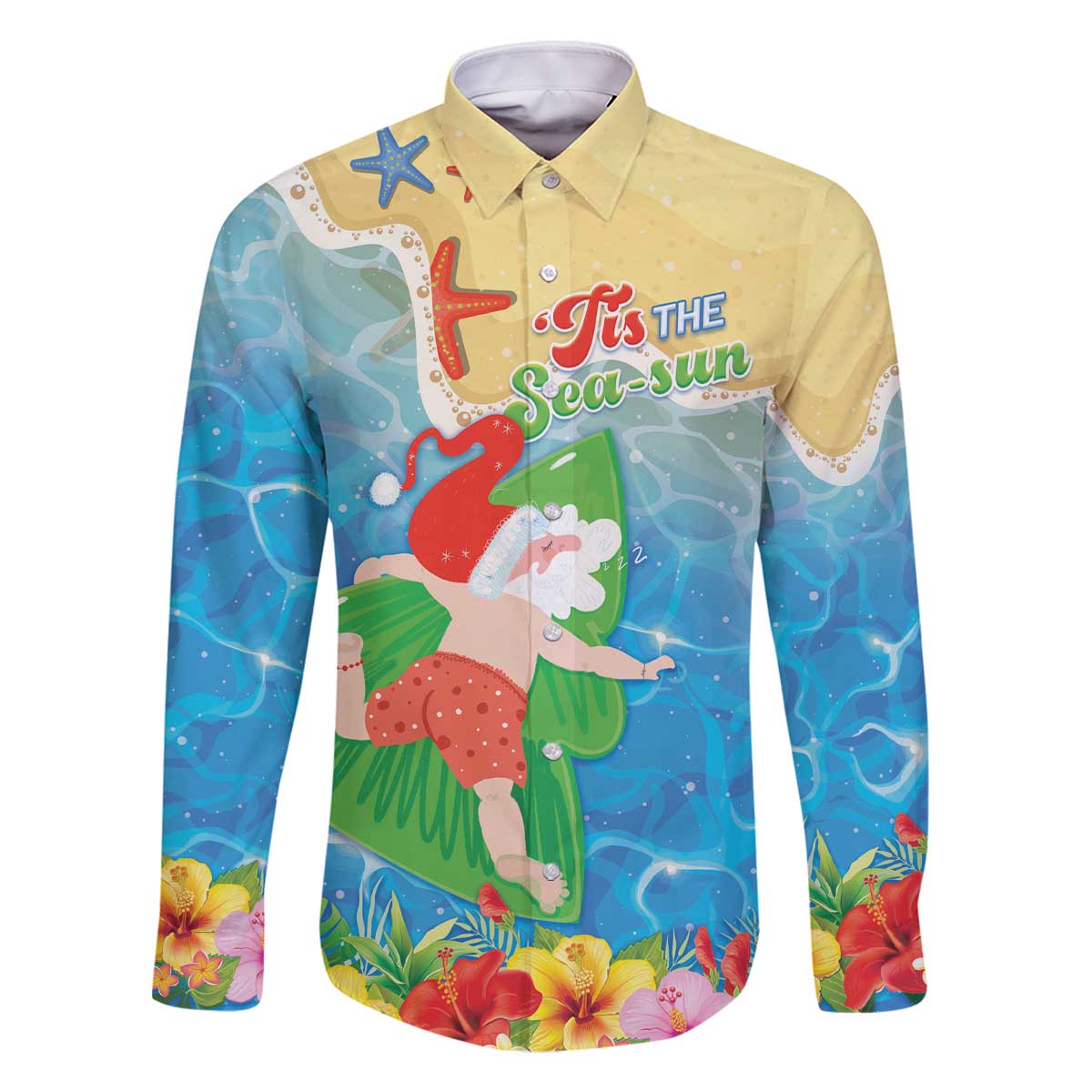 Christmas In Hawaii Family Matching Off The Shoulder Long Sleeve Dress and Hawaiian Shirt Tis The Sea Sun LT05 Dad's Shirt - Long Sleeve Blue - Polynesian Pride