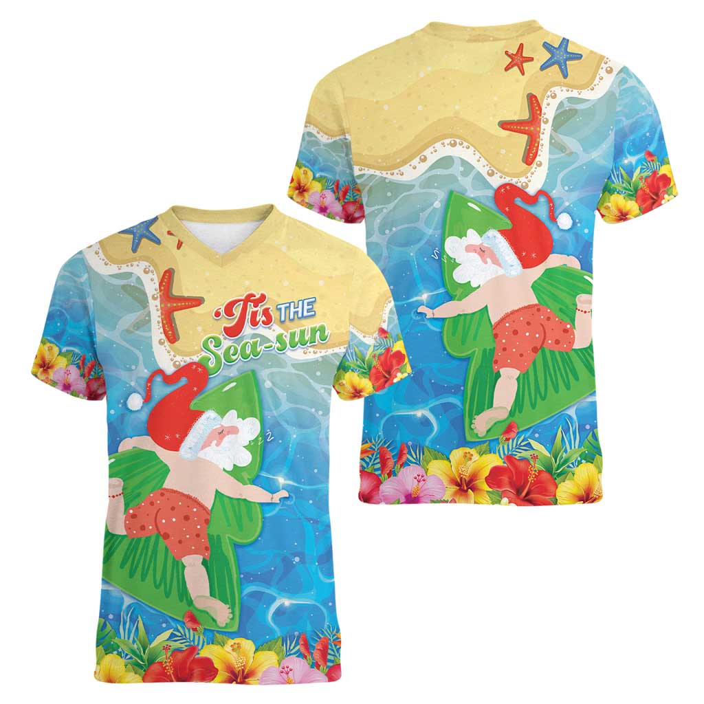 Christmas In Hawaii Women V-Neck T-Shirt Tis The Sea Sun LT05 - Polynesian Pride