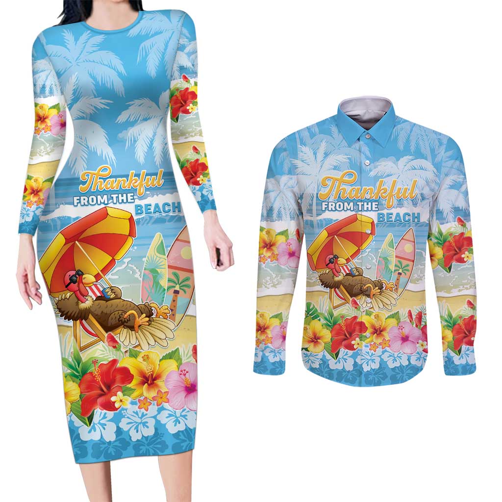 Personalised Hawaii Funny Thanksgiving Couples Matching Long Sleeve Bodycon Dress and Long Sleeve Button Shirt Thankful From The Beach LT05 Blue - Polynesian Pride