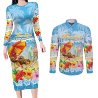 Personalised Hawaii Funny Thanksgiving Couples Matching Long Sleeve Bodycon Dress and Long Sleeve Button Shirt Thankful From The Beach LT05 Blue - Polynesian Pride