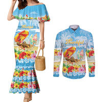 Personalised Hawaii Funny Thanksgiving Couples Matching Mermaid Dress and Long Sleeve Button Shirt Thankful From The Beach LT05 Blue - Polynesian Pride