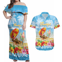 Personalised Hawaii Funny Thanksgiving Couples Matching Off Shoulder Maxi Dress and Hawaiian Shirt Thankful From The Beach LT05 Blue - Polynesian Pride