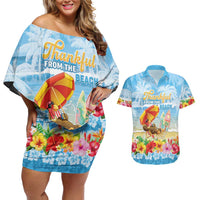 Personalised Hawaii Funny Thanksgiving Couples Matching Off Shoulder Short Dress and Hawaiian Shirt Thankful From The Beach LT05 Blue - Polynesian Pride