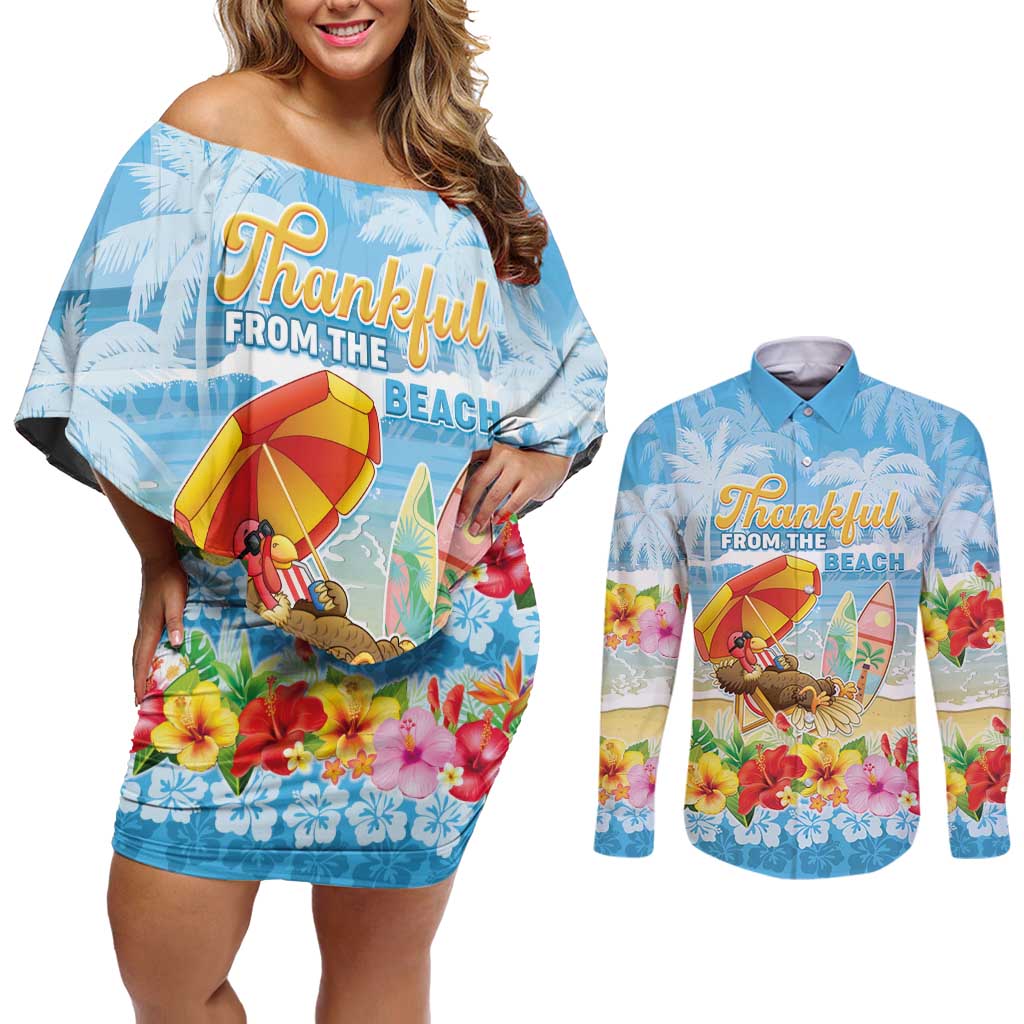 Personalised Hawaii Funny Thanksgiving Couples Matching Off Shoulder Short Dress and Long Sleeve Button Shirt Thankful From The Beach LT05 Blue - Polynesian Pride