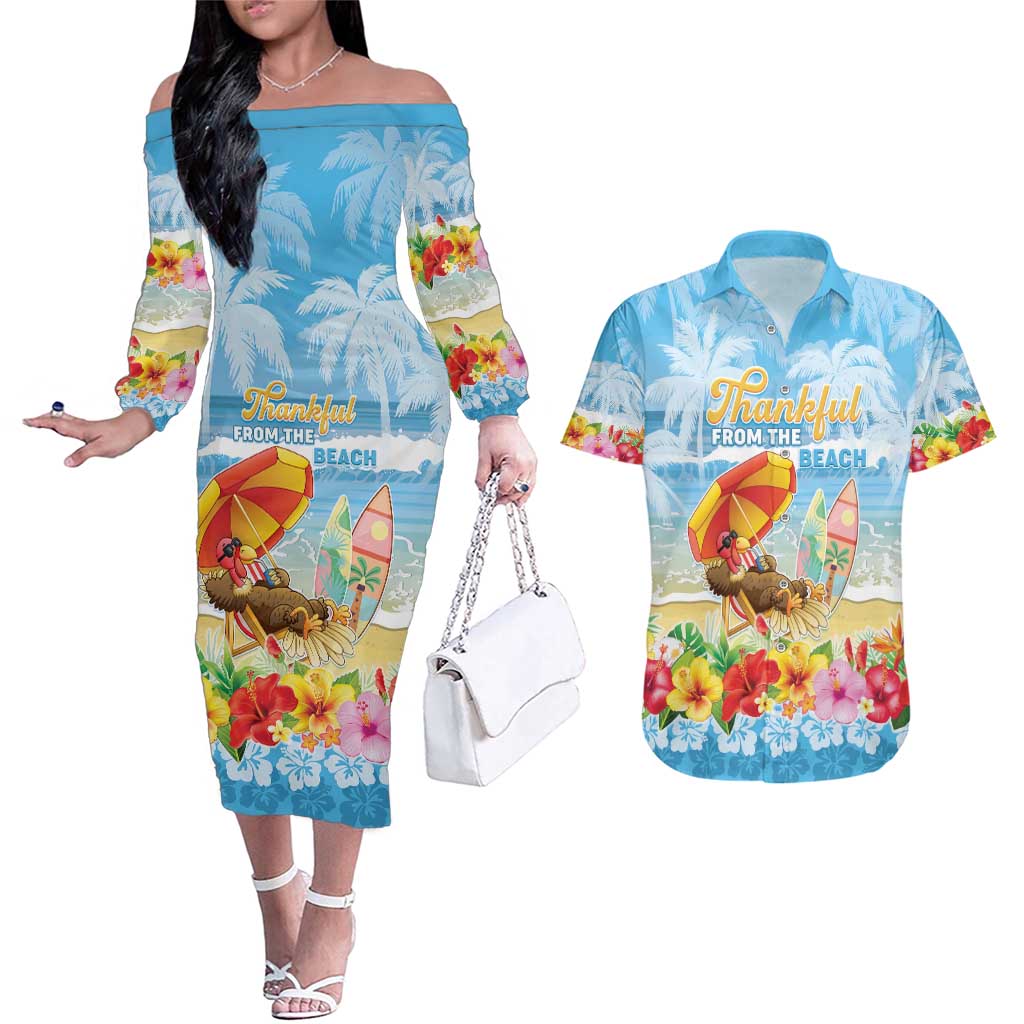 Personalised Hawaii Funny Thanksgiving Couples Matching Off The Shoulder Long Sleeve Dress and Hawaiian Shirt Thankful From The Beach LT05 Blue - Polynesian Pride