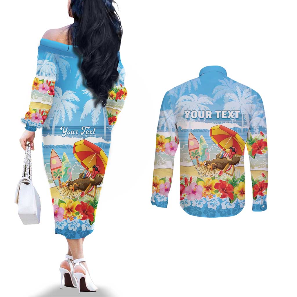 Personalised Hawaii Funny Thanksgiving Couples Matching Off The Shoulder Long Sleeve Dress and Long Sleeve Button Shirt Thankful From The Beach LT05 - Polynesian Pride