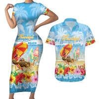 Personalised Hawaii Funny Thanksgiving Couples Matching Short Sleeve Bodycon Dress and Hawaiian Shirt Thankful From The Beach LT05 Blue - Polynesian Pride