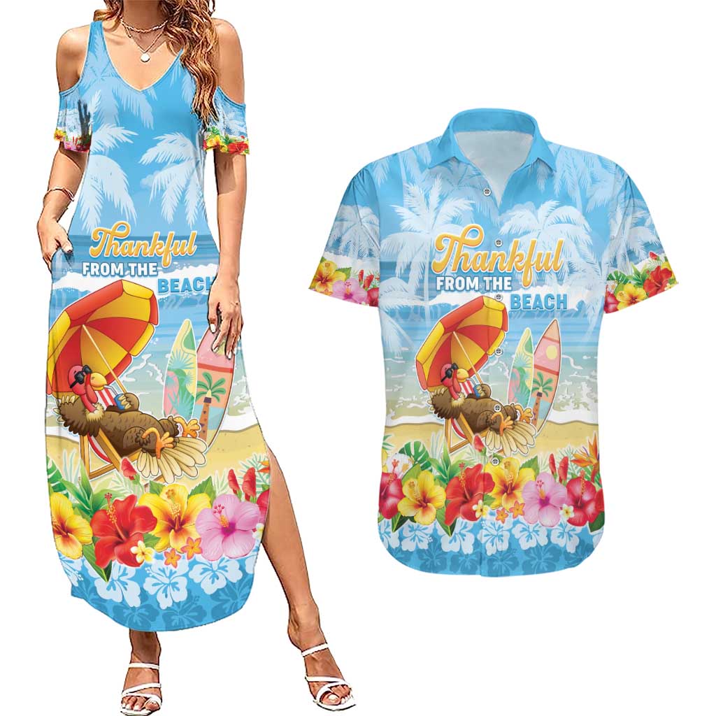 Personalised Hawaii Funny Thanksgiving Couples Matching Summer Maxi Dress and Hawaiian Shirt Thankful From The Beach LT05 Blue - Polynesian Pride