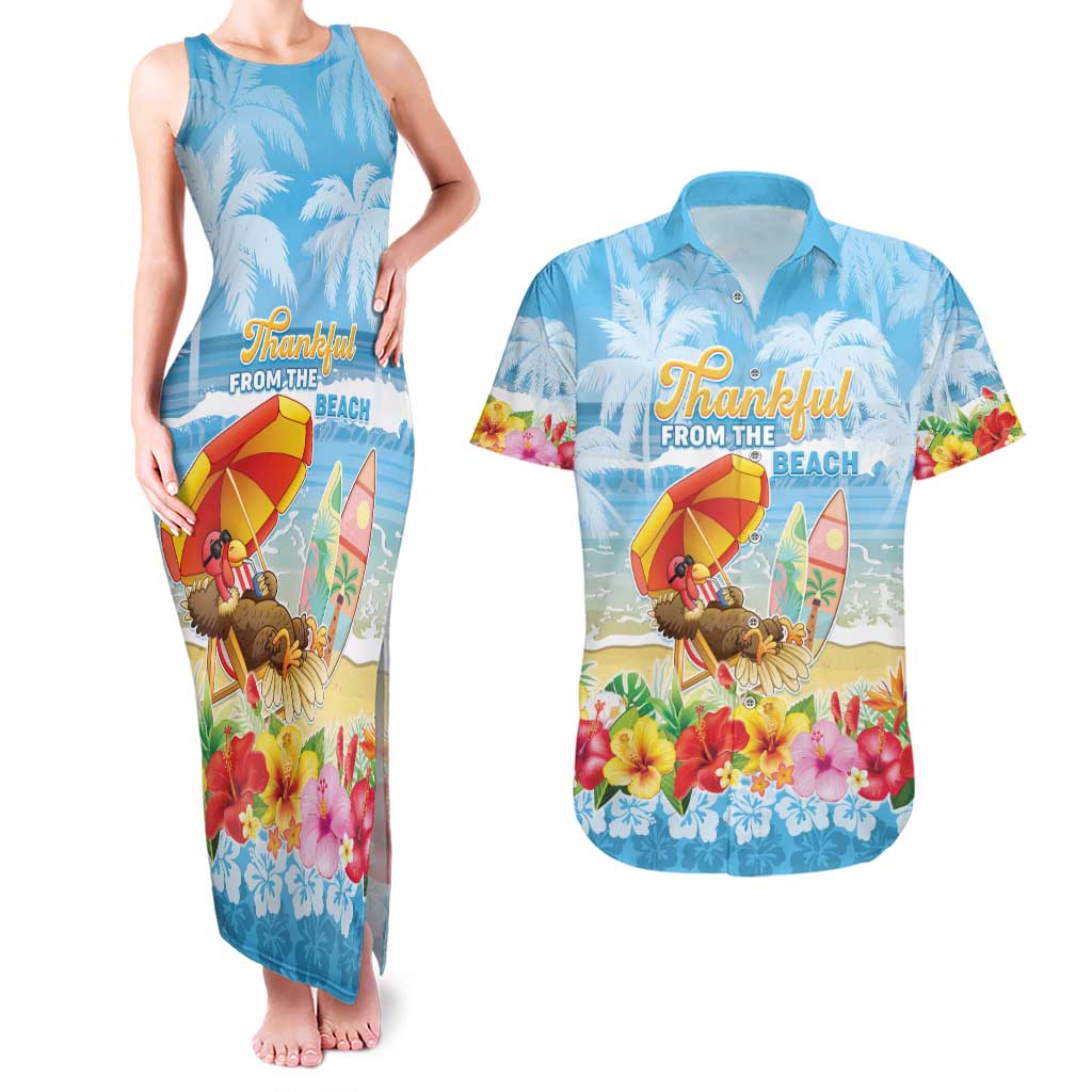 Personalised Hawaii Funny Thanksgiving Couples Matching Tank Maxi Dress and Hawaiian Shirt Thankful From The Beach LT05 Blue - Polynesian Pride