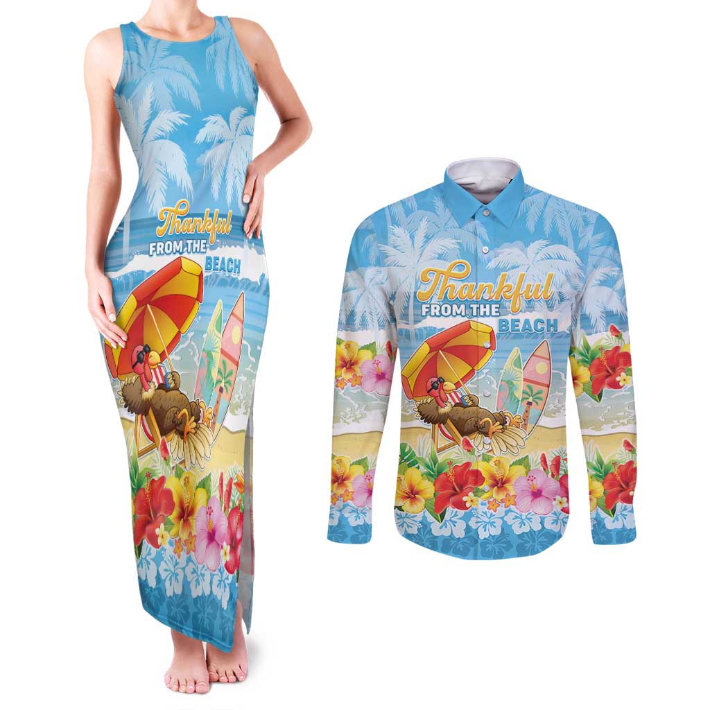 Personalised Hawaii Funny Thanksgiving Couples Matching Tank Maxi Dress and Long Sleeve Button Shirt Thankful From The Beach LT05 Blue - Polynesian Pride