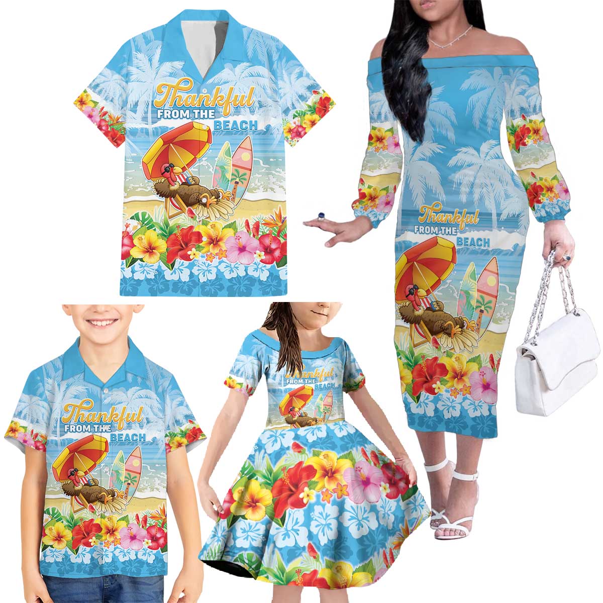 Personalised Hawaii Funny Thanksgiving Family Matching Off The Shoulder Long Sleeve Dress and Hawaiian Shirt Thankful From The Beach LT05 - Polynesian Pride