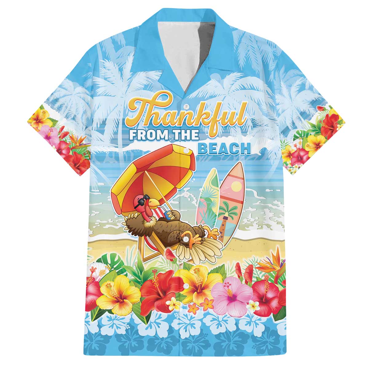 Personalised Hawaii Funny Thanksgiving Family Matching Off The Shoulder Long Sleeve Dress and Hawaiian Shirt Thankful From The Beach LT05 Dad's Shirt - Short Sleeve Blue - Polynesian Pride