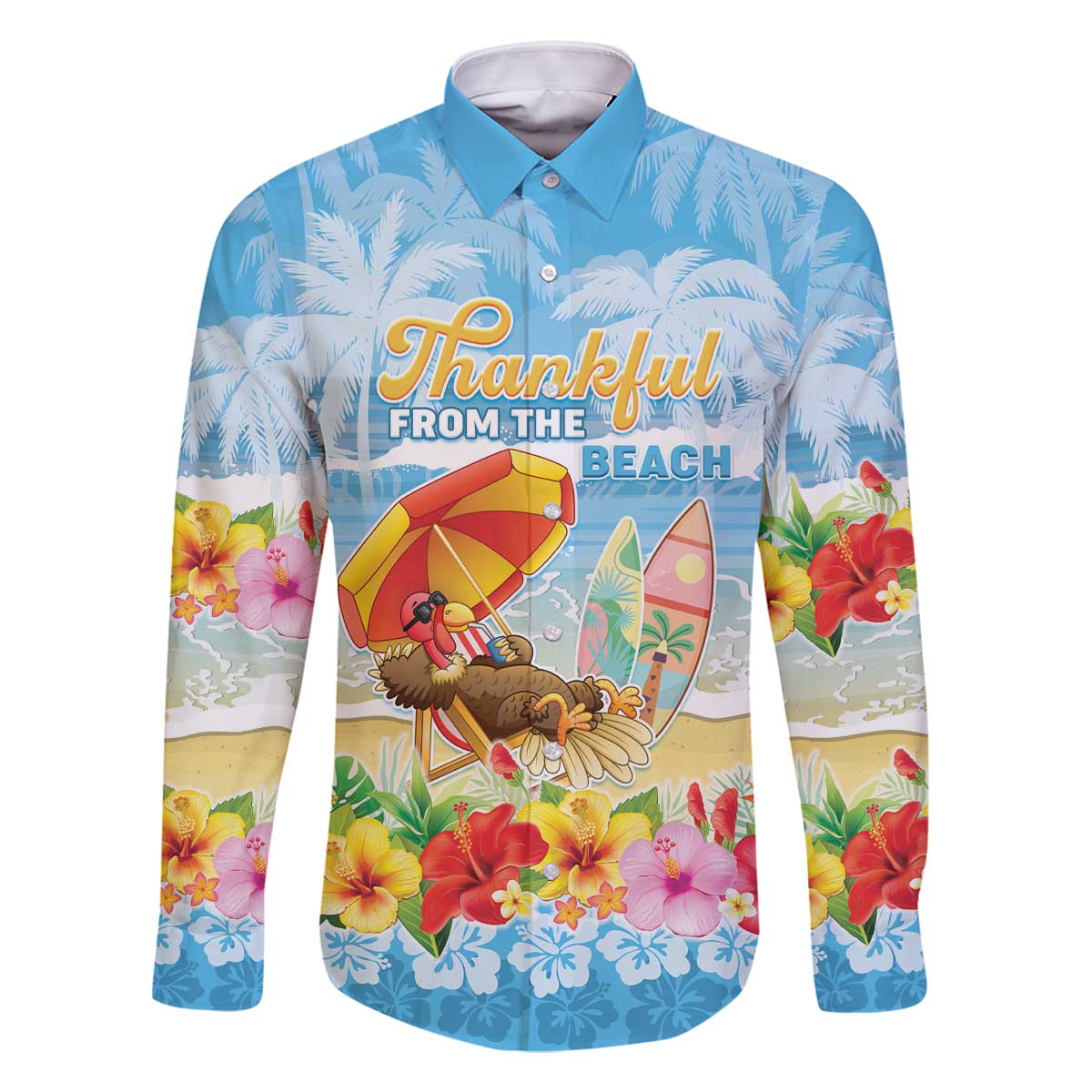 Personalised Hawaii Funny Thanksgiving Family Matching Off The Shoulder Long Sleeve Dress and Hawaiian Shirt Thankful From The Beach LT05 Dad's Shirt - Long Sleeve Blue - Polynesian Pride