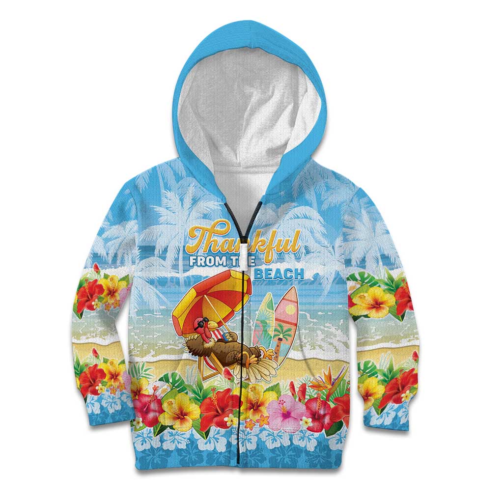 Personalised Hawaii Funny Thanksgiving Kid Hoodie Thankful From The Beach LT05 Zip Hoodie Blue - Polynesian Pride