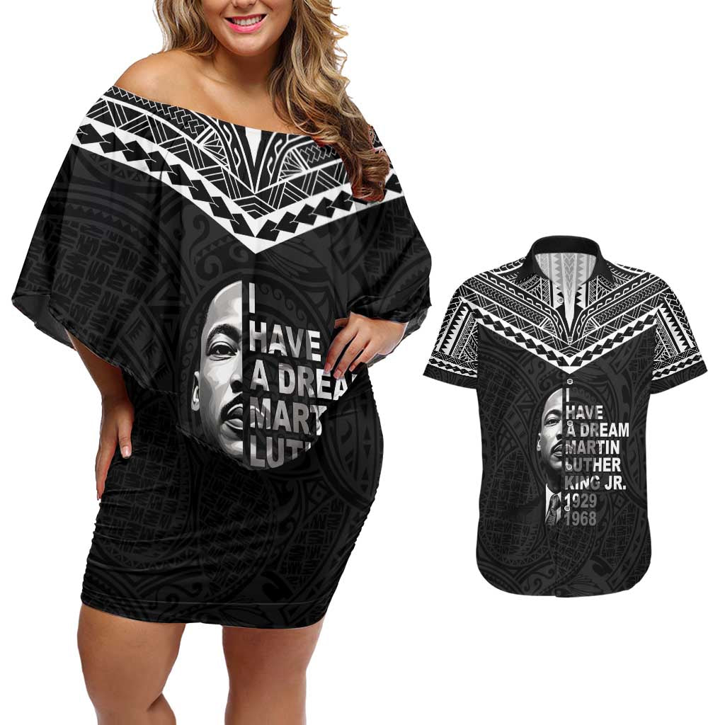 American Samoa MLK Day Couples Matching Off Shoulder Short Dress and Hawaiian Shirt Polynesian Style LT05 Black - Polynesian Pride