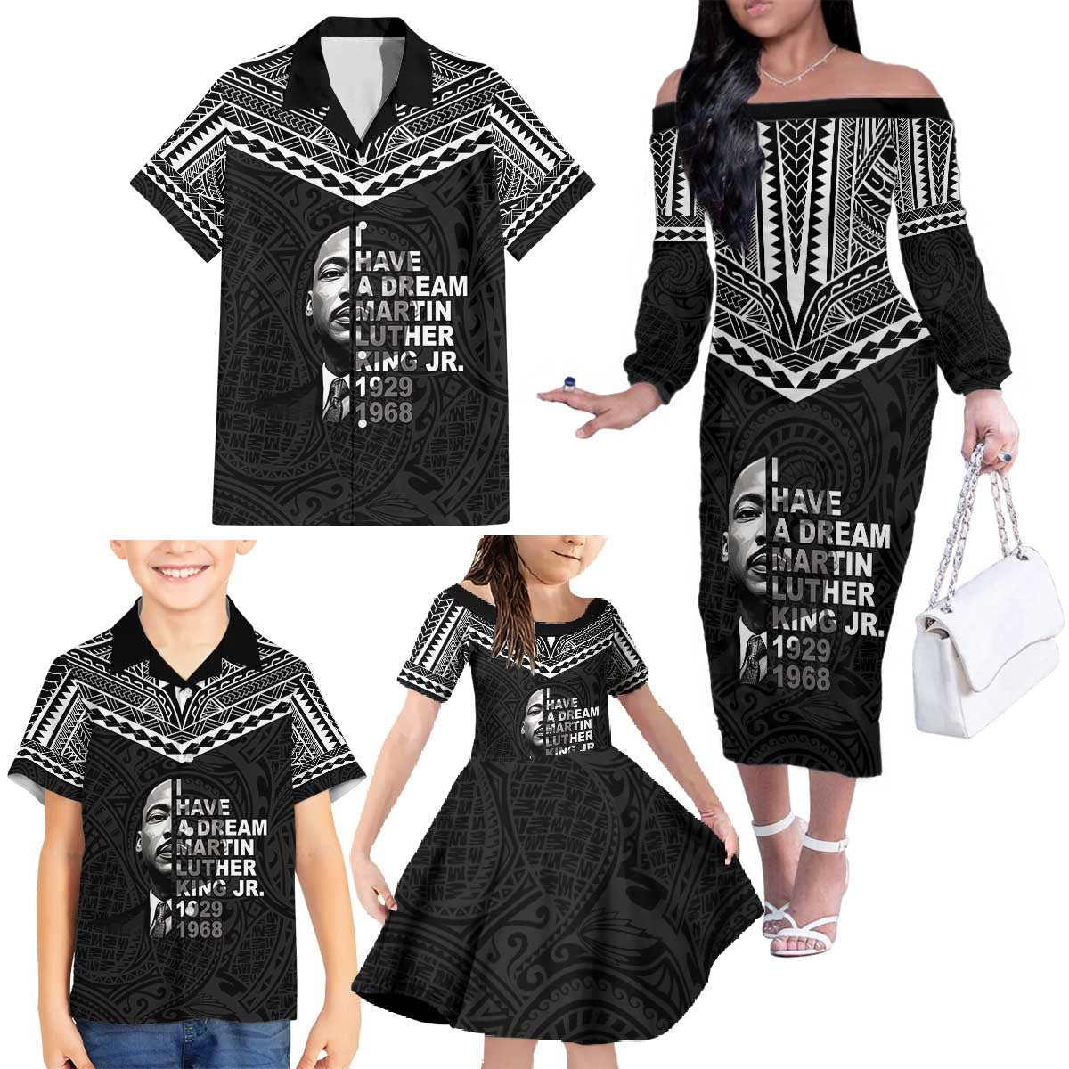 American Samoa MLK Day Family Matching Off The Shoulder Long Sleeve Dress and Hawaiian Shirt Polynesian Style LT05 - Polynesian Pride