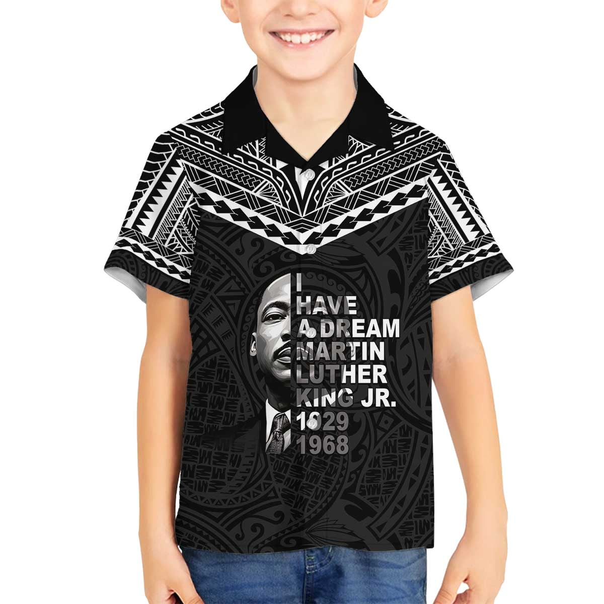 American Samoa MLK Day Family Matching Off The Shoulder Long Sleeve Dress and Hawaiian Shirt Polynesian Style LT05 Son's Shirt Black - Polynesian Pride