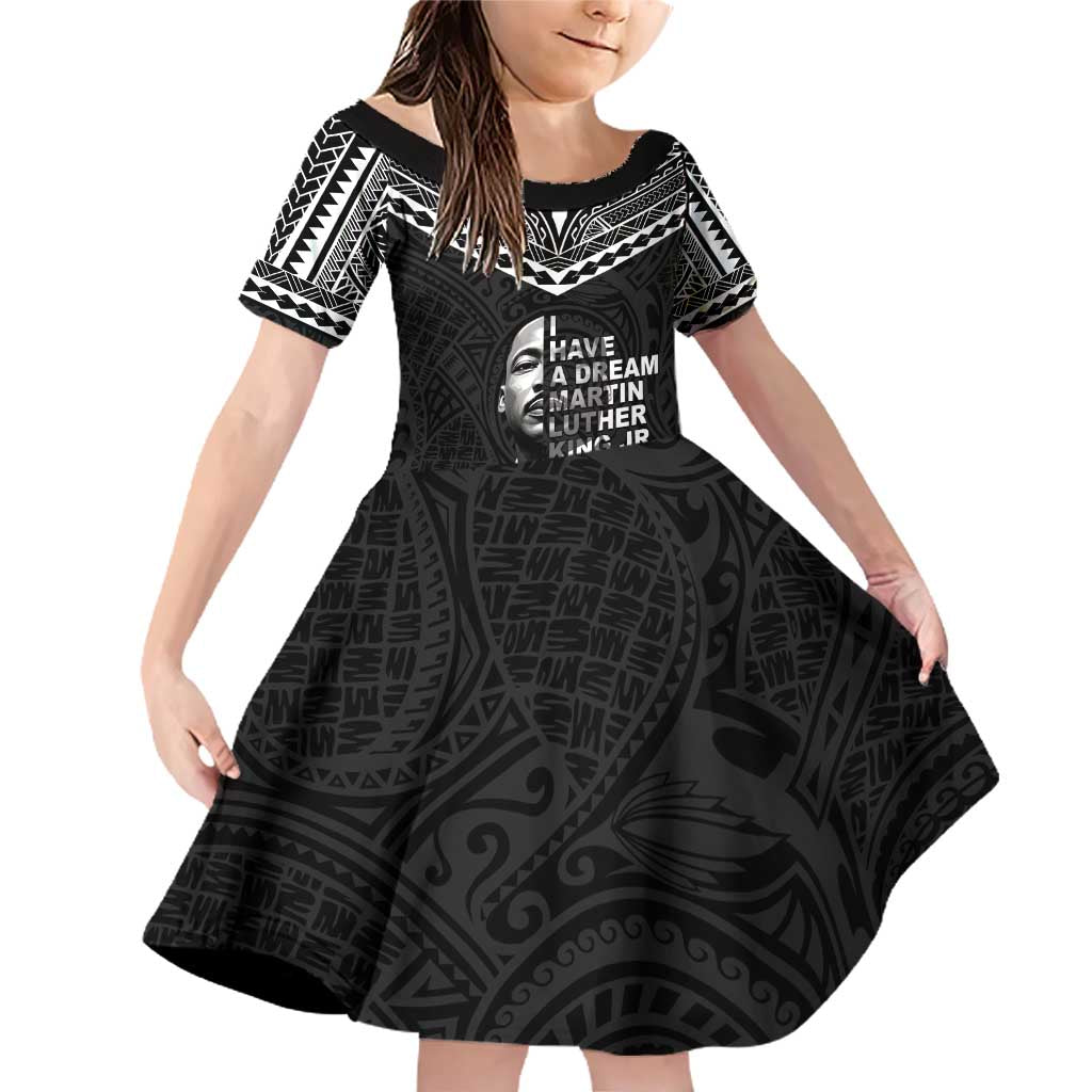 American Samoa MLK Day Family Matching Off Shoulder Short Dress and Hawaiian Shirt Polynesian Style LT05 Daughter's Dress Black - Polynesian Pride