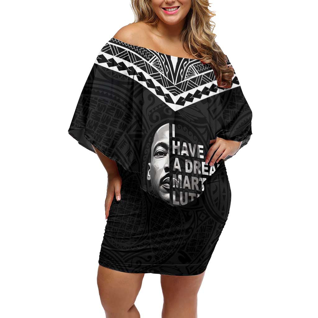 American Samoa MLK Day Family Matching Off Shoulder Short Dress and Hawaiian Shirt Polynesian Style LT05 Mom's Dress Black - Polynesian Pride