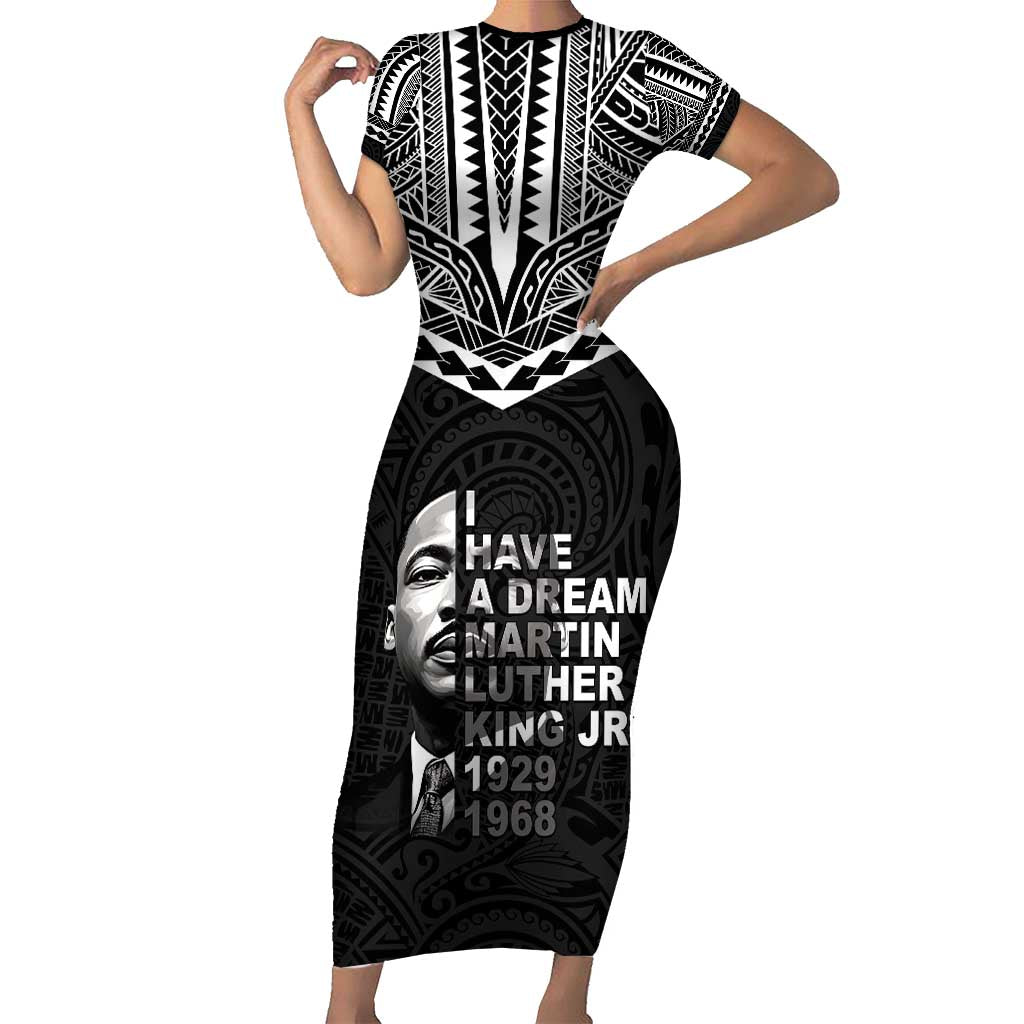 American Samoa MLK Day Family Matching Short Sleeve Bodycon Dress and Hawaiian Shirt Polynesian Style LT05 Mom's Dress Black - Polynesian Pride
