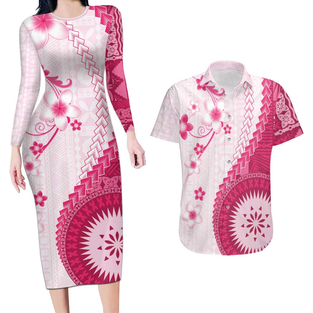 Bula Fiji Couples Matching Long Sleeve Bodycon Dress and Hawaiian Shirt Pink Plumeria Masi Tapa Pattern LT05 Pink - Polynesian Pride