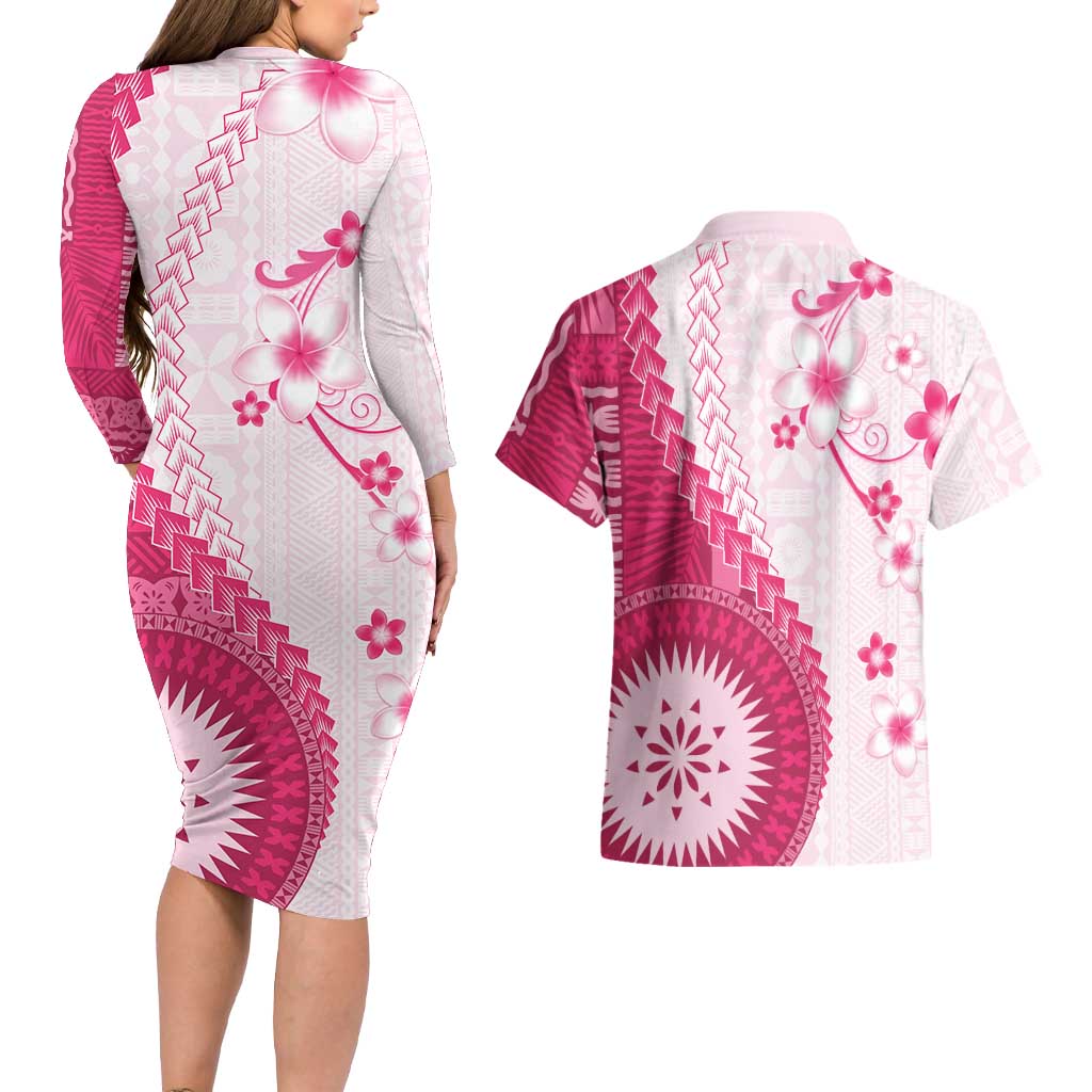 Bula Fiji Couples Matching Long Sleeve Bodycon Dress and Hawaiian Shirt Pink Plumeria Masi Tapa Pattern LT05 - Polynesian Pride