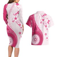 Bula Fiji Couples Matching Long Sleeve Bodycon Dress and Hawaiian Shirt Pink Plumeria Masi Tapa Pattern LT05 - Polynesian Pride