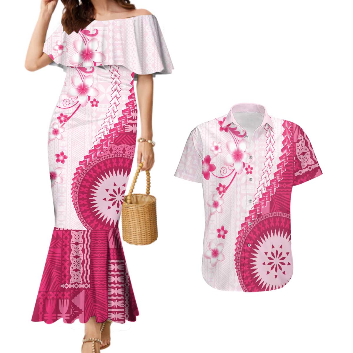 Bula Fiji Couples Matching Mermaid Dress and Hawaiian Shirt Pink Plumeria Masi Tapa Pattern LT05 Pink - Polynesian Pride