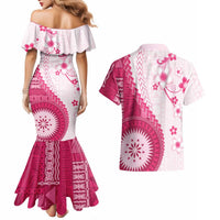Bula Fiji Couples Matching Mermaid Dress and Hawaiian Shirt Pink Plumeria Masi Tapa Pattern LT05 - Polynesian Pride