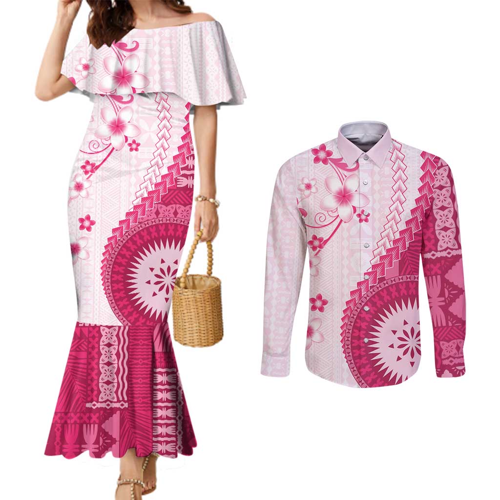 Bula Fiji Couples Matching Mermaid Dress and Long Sleeve Button Shirt Pink Plumeria Masi Tapa Pattern LT05 Pink - Polynesian Pride