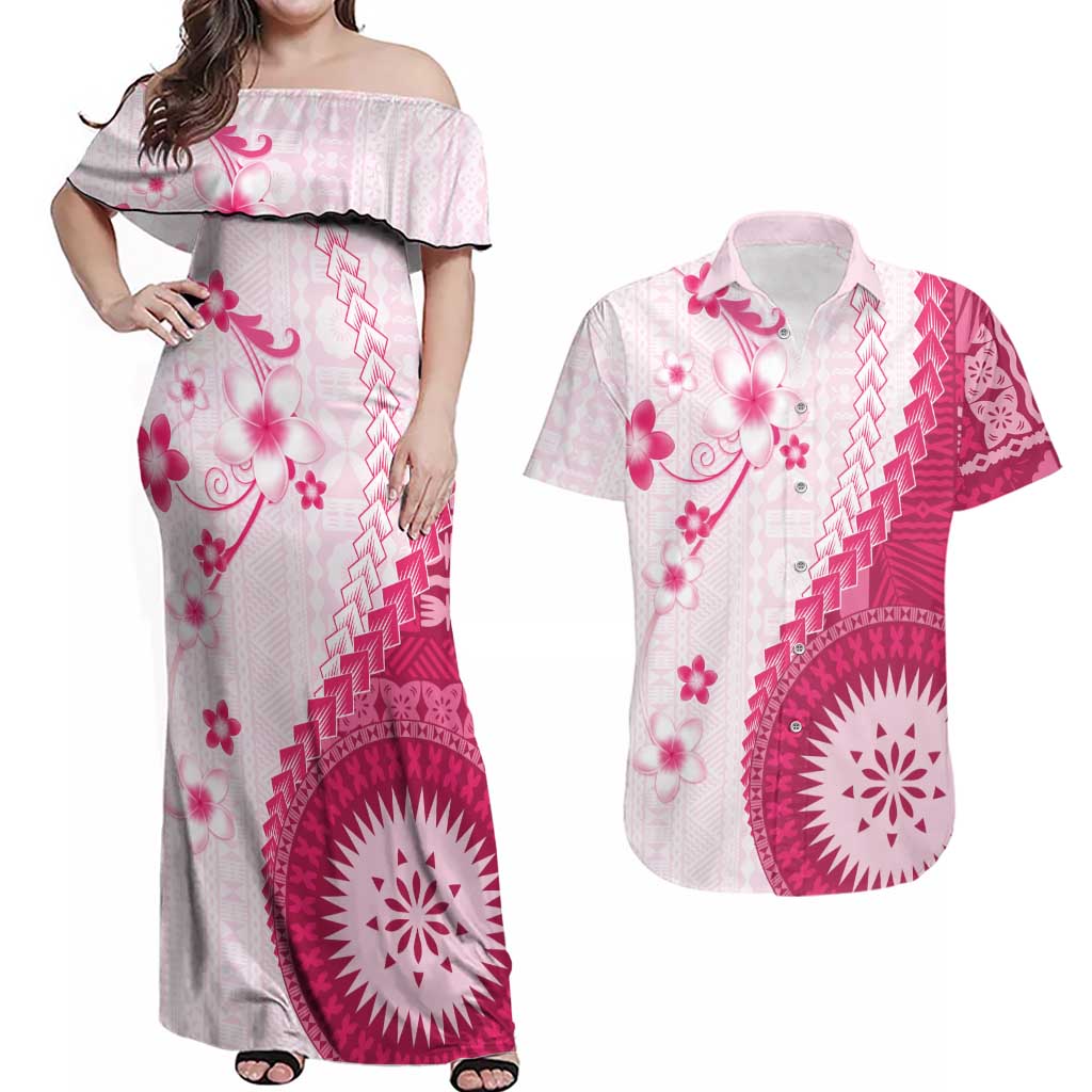 Bula Fiji Couples Matching Off Shoulder Maxi Dress and Hawaiian Shirt Pink Plumeria Masi Tapa Pattern LT05 Pink - Polynesian Pride