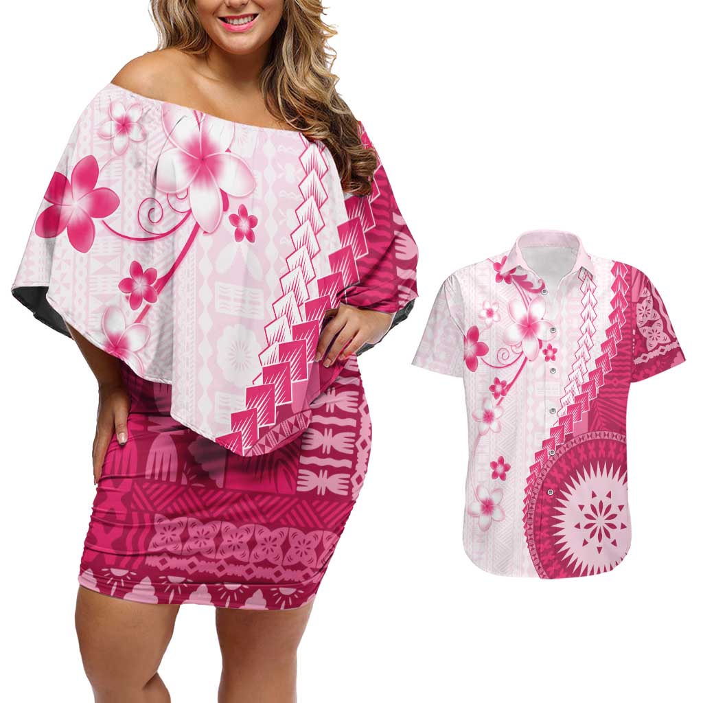 Bula Fiji Couples Matching Off Shoulder Short Dress and Hawaiian Shirt Pink Plumeria Masi Tapa Pattern LT05 Pink - Polynesian Pride