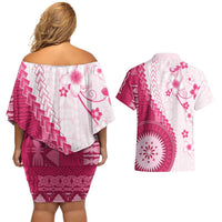 Bula Fiji Couples Matching Off Shoulder Short Dress and Hawaiian Shirt Pink Plumeria Masi Tapa Pattern LT05 - Polynesian Pride